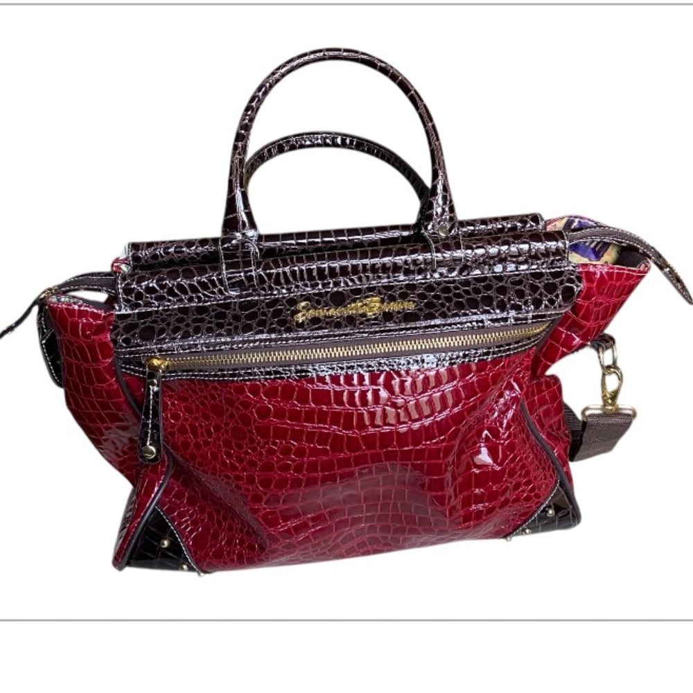 Patent Croc-Embossed Red & Brown Tote Travel Bag